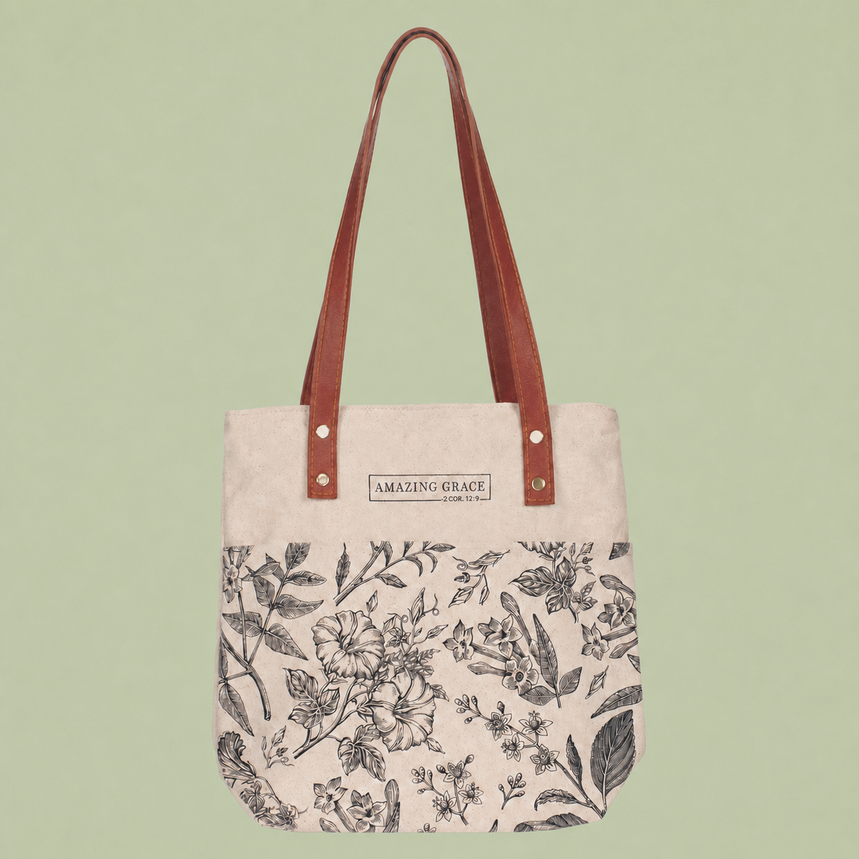 Amazing Grace cream and brown canvas tote on a true sage green background