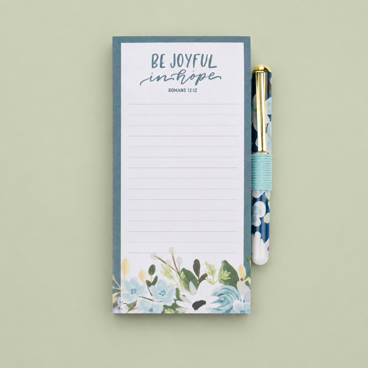 Be Joyful in Hope magnetic shopping list with pen on a soft sage background