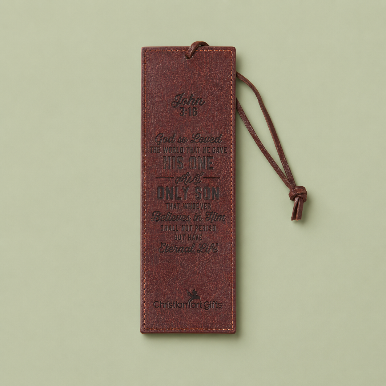 John 3:16 brown faux leather bookmark on a soft sage background