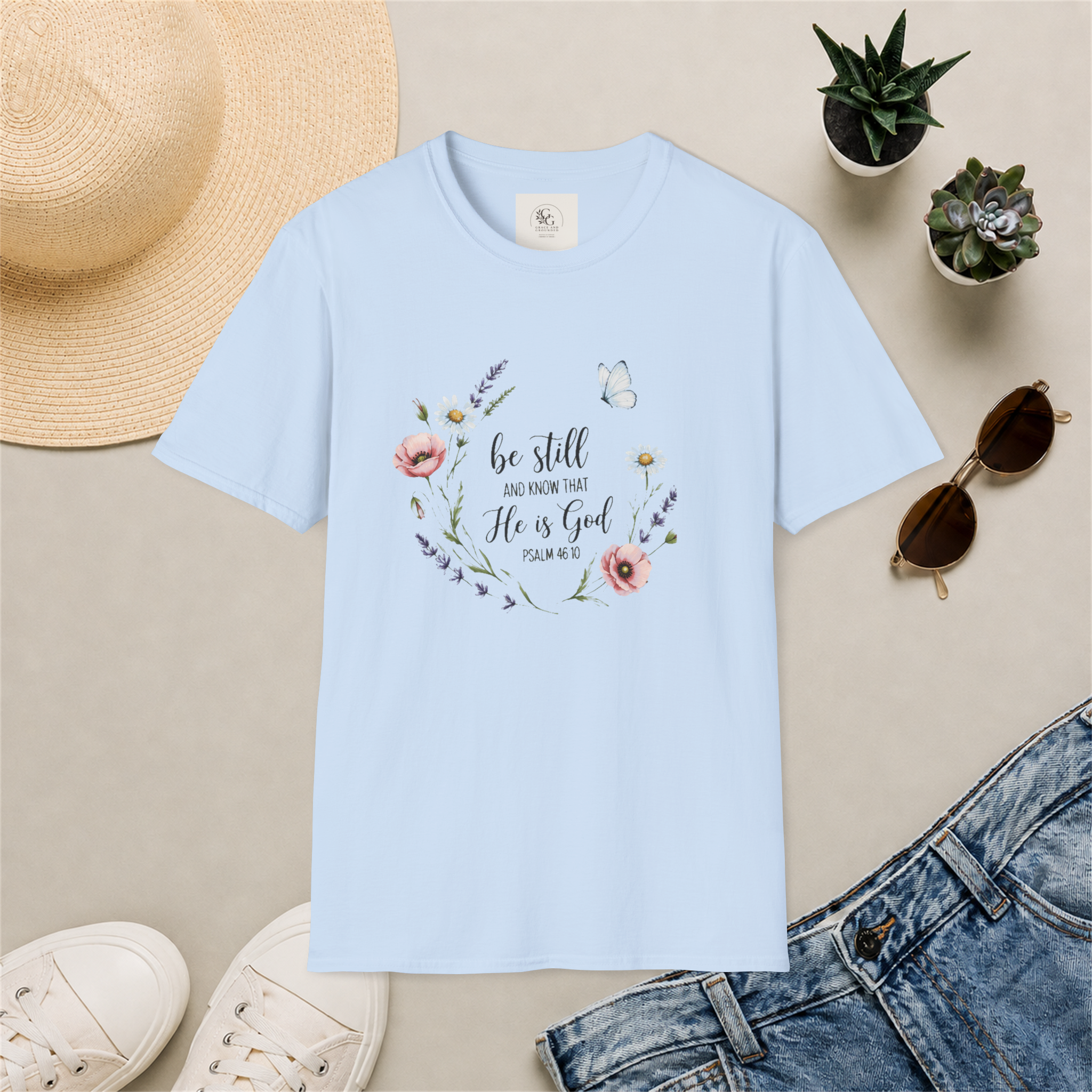 Be Still floral Bible verse T-shirt